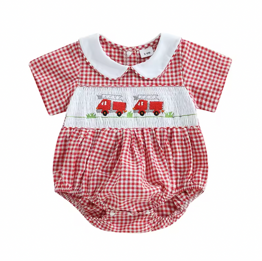 Red Gingham Firetruck Smocked Romper