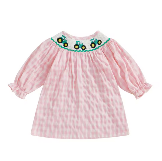 Pink Plaid Tractor Smocked Dress