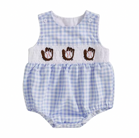 Blue Gingham Baseball Smocked Romper