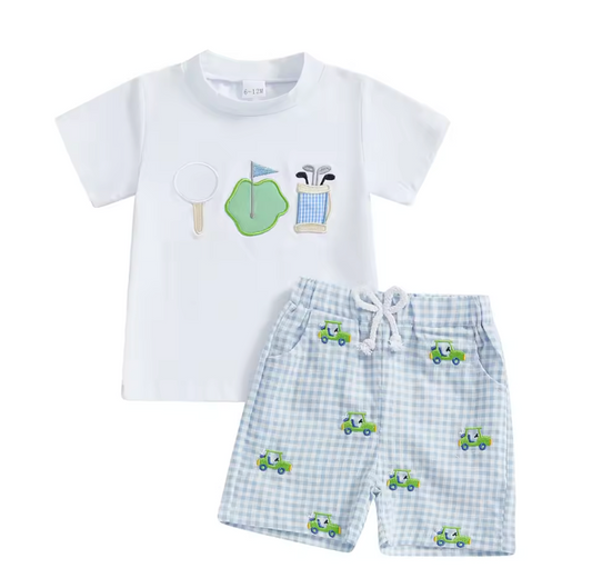 White Hole in One Gingham Short Golf Smocked Set