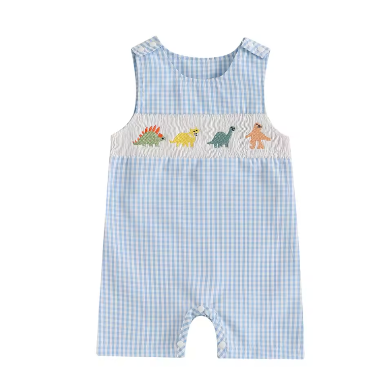 Blue Gingham Dino Smocked Romper