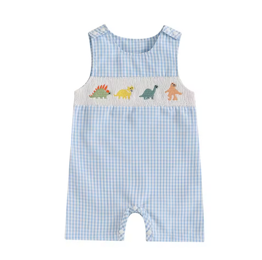 Blue Gingham Dino Smocked Romper