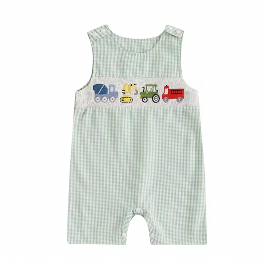 Green Gingham Trucks Smocked Romper