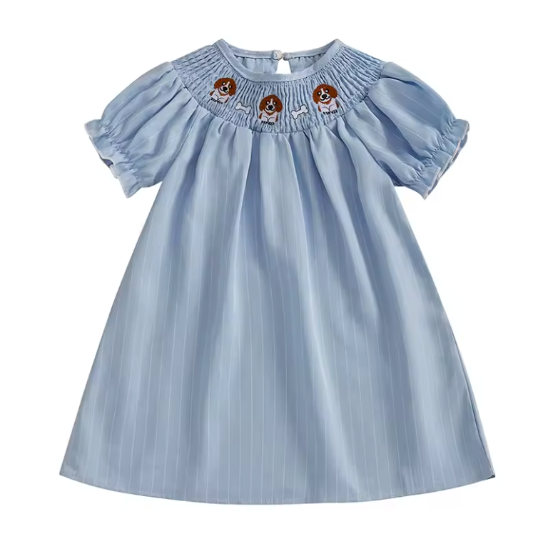 Blue Striped Puppy Smocked Dress