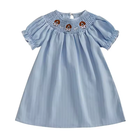 Blue Striped Puppy Smocked Dress