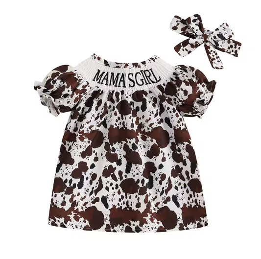 Mama's Girl Brown Cow Print Smocked Dress