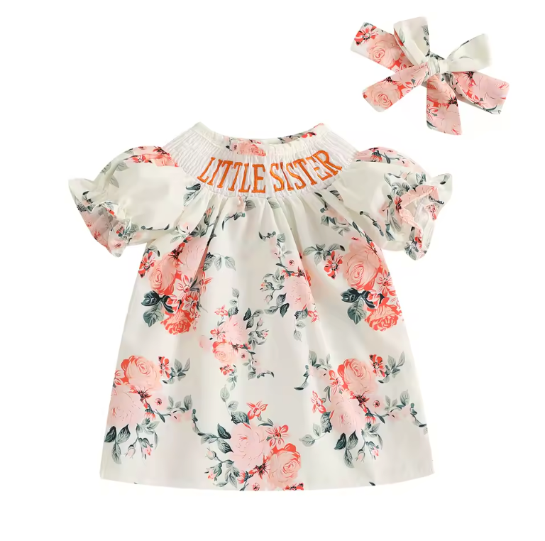 White Pink Floral Little Sister Smocked Dress