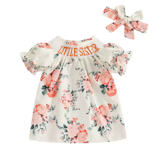 White Pink Floral Little Sister Smocked Dress