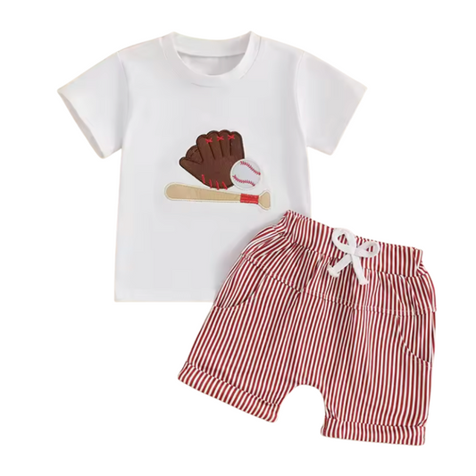 Embroidered Baseball Striped Short Set