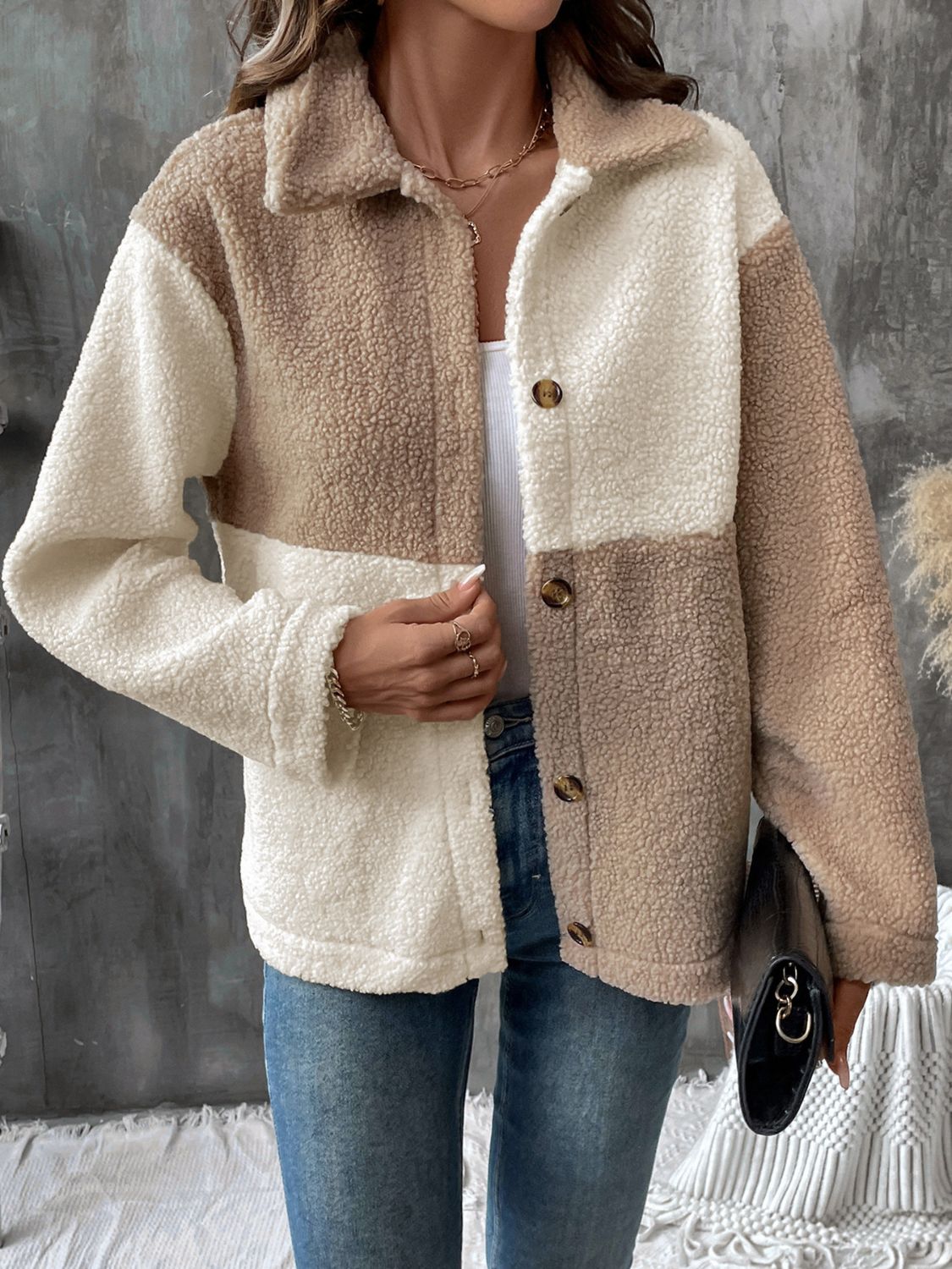 Perfect Color Block Collared Neck Long Sleeve Jacket