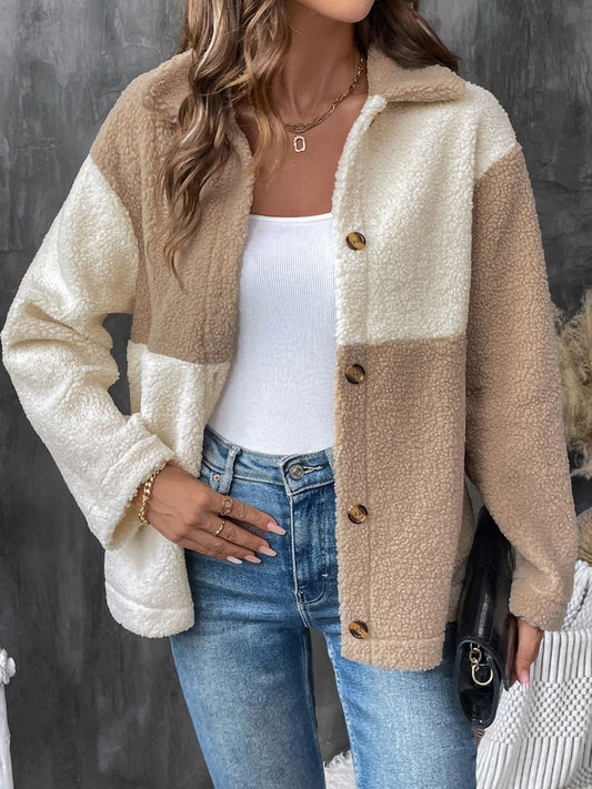 Perfect Color Block Collared Neck Long Sleeve Jacket